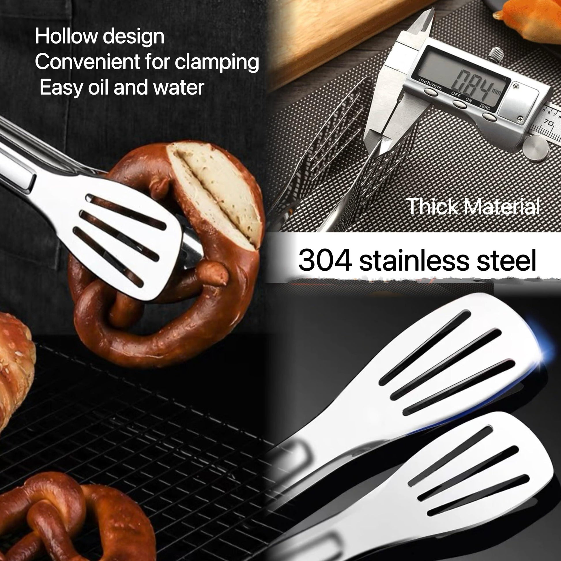 3Pcs 304 Stainless Steel Grill Clamp Kitchen Cooking Tongs Multipurpose Barbecue Clamp Spatula for Gripper Bread Clip, Fried Steak Clamp, Flipping Fish, Toast Salad Tongs(Red Anti-Scald Handle) - CookCave