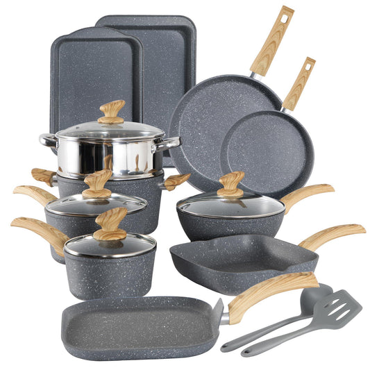 Kitchen Academy Induction Cookware Set - 17 Piece Gray Cooking Pan Set, Granite Non-Stick Pots and Pans Set - CookCave