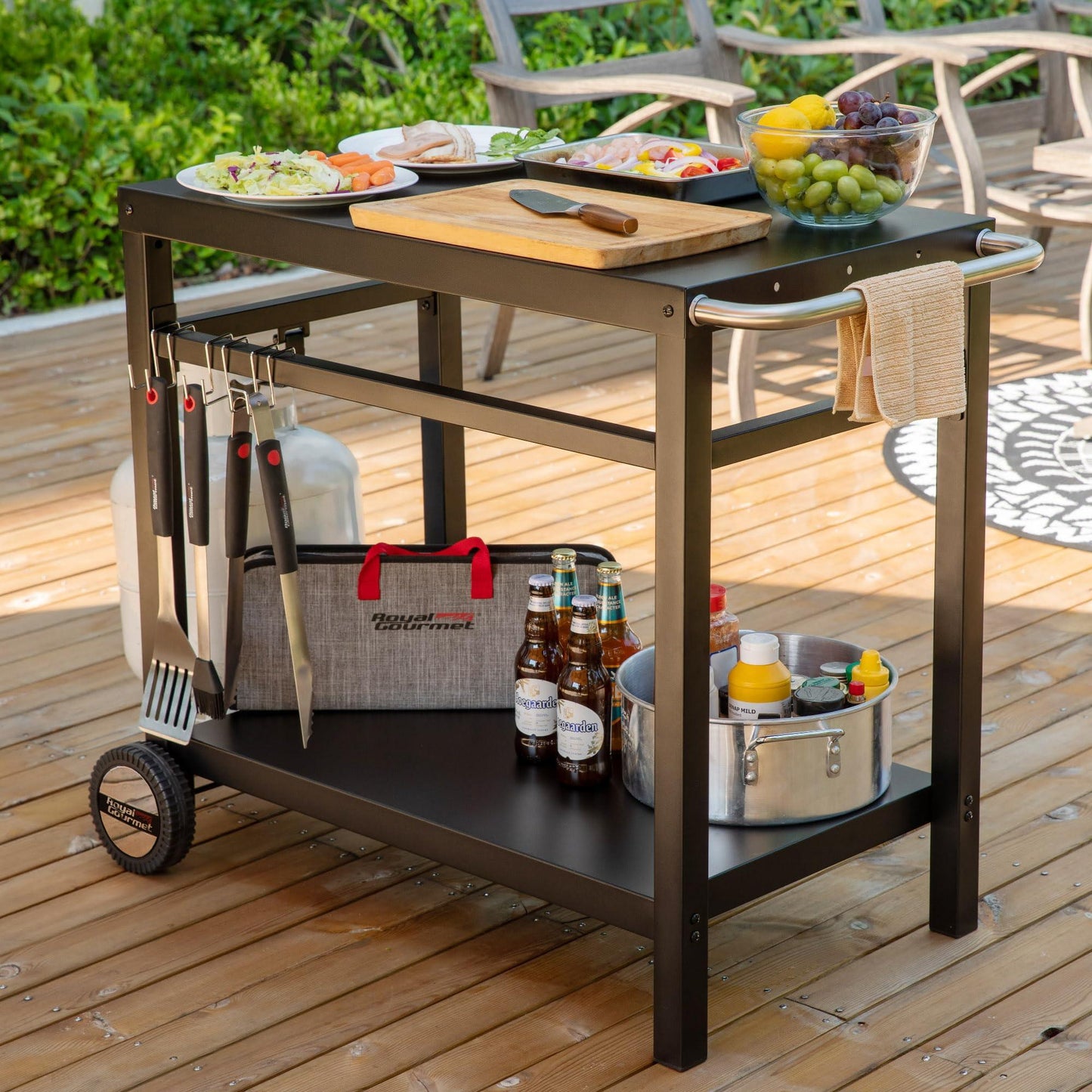 Royal Gourmet Dining Cart Table with Double-Shelf, Movable Steel Flattop Worktable, Hooks, Side Handle, Multifunctional and Commercial PC3401B (Black) - CookCave