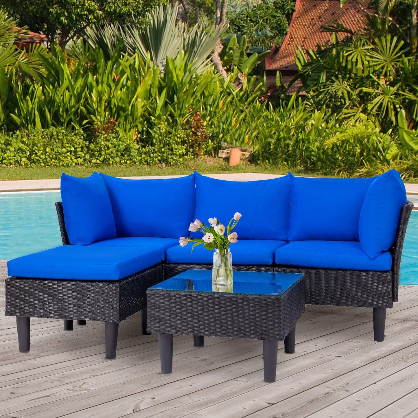 FDW 5 Pieces Patio Furniture Sets Outdoor Sectional Sofa Wicker Chair Rattan Conversation Set for Outdoor Backyard Porch Poolside Balcony Garden Furniture with Coffee Table,Blue Cushion - CookCave