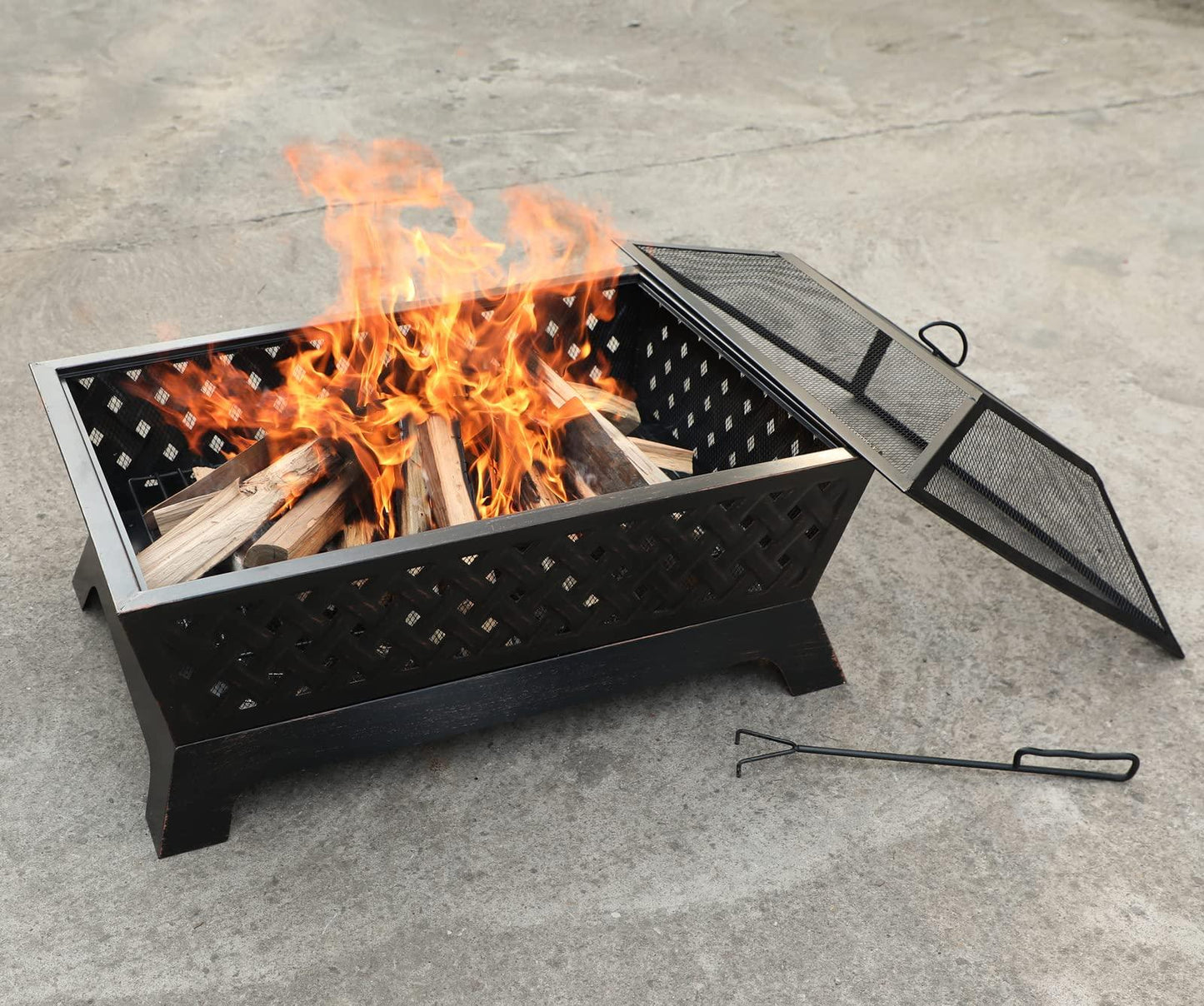 PHI VILLA Outdoor Wood Burning Fire Pits, Rectangular Deep Bowl Large Patio Firepit with Spark Screen, Poker & Metal Grate, 34" x 26" - CookCave