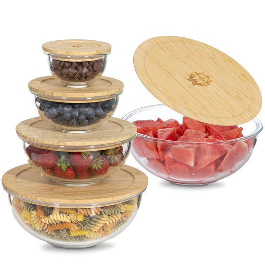 Practical Human Glass Mixing Bowl Set with Bamboo Lids-Nesting Bowls- Stackable and Space saving design- Microwave and oven safe. - CookCave