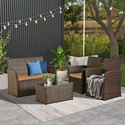 PORWEY Patio Outdoor Furniture 4 Pieces Sectional Sofa Set Balcony Furniture Wicker Rattan Chairs with Table and Loveseat for Garden, Porch, Backyard, Brown Wicker/Brown Cushion - CookCave