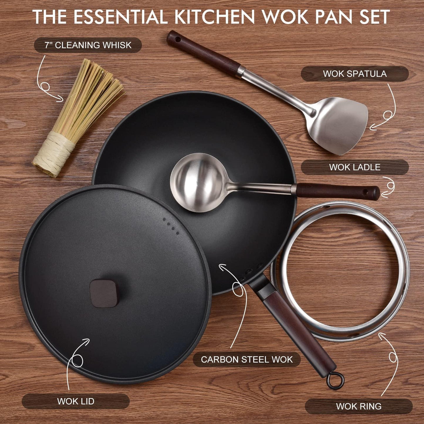 Carbon Steel Wok Pan - 12.9” Wok Pan with Lid, Woks & Stir-fry Pans, No Chemical Coated Chinese Wok with 4 Cookware Accessories Flat Bottom Wok for Induction, Electric, Gas, All Stoves - CookCave