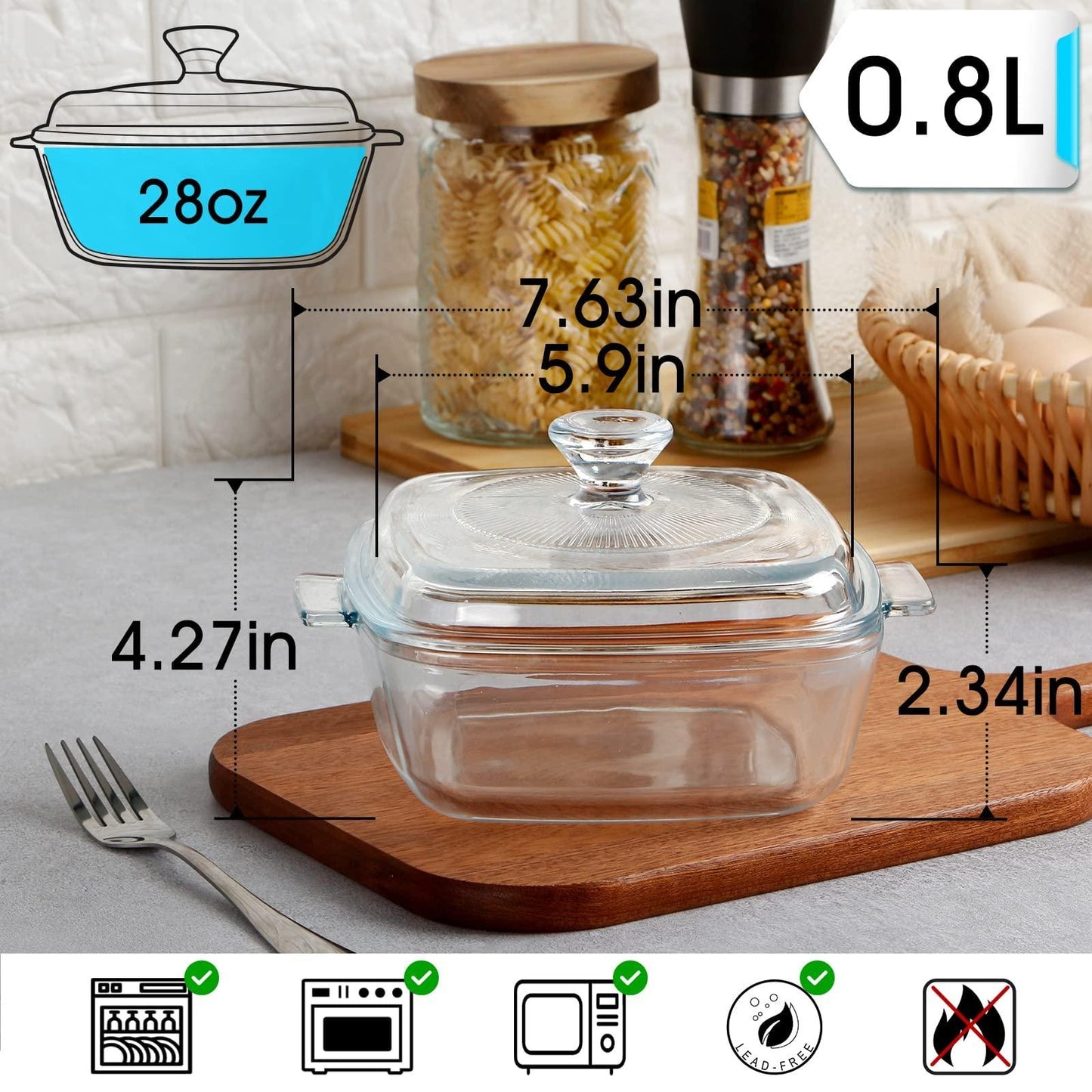 NUTRIUPS Mini Glass Casserole Dish with Lid Oven Safe Square Casserole Dish 5.9in Glass Microwave Bowl With Glass Lid Casserole Cookware (28oz-Mini) - CookCave