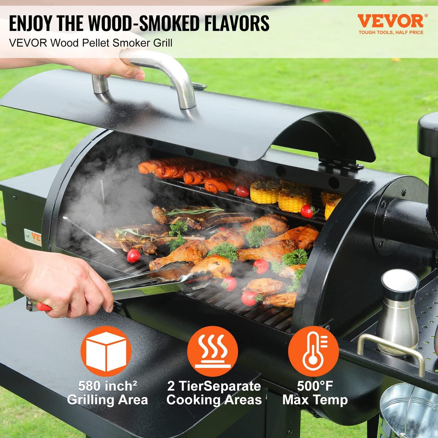 VEVOR Smoker Pellet Grill,Portable Wood Pellet Grill with Cart for Outdoor Cooking, Barbecue Camping,Picnic,Patio and Backyard,580 sq,Black - CookCave