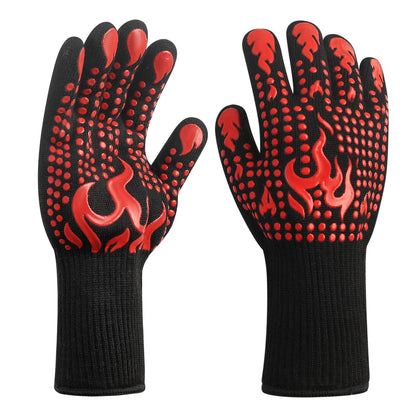 HexinYigjly 1 Pair/2 Pieces BBQ Gloves, Grilling Gloves, Heat Resistant Barbecue Oven Gloves, 1472°F/800°C Kitchen Fireproof Mitts Heat Proof for Grilling, Baking, Cooking, Welding Gloves Mitts - Red - CookCave