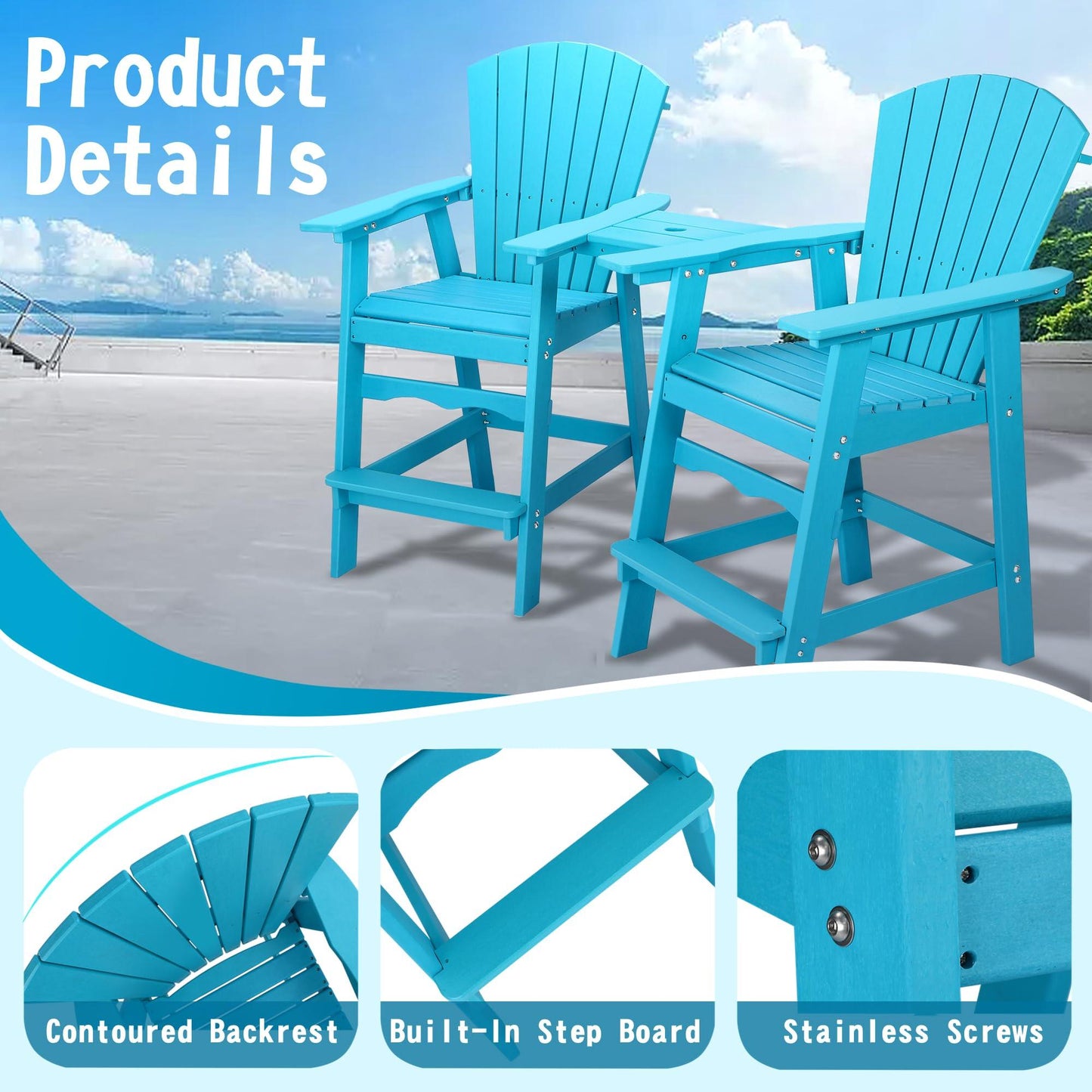 Aoorun 51''High Back, 420lbs, Widened Arms, All Weather Resistant, HDPE Recyclable Plastic Adirondack Chairs with Connecting Table-Blue - CookCave