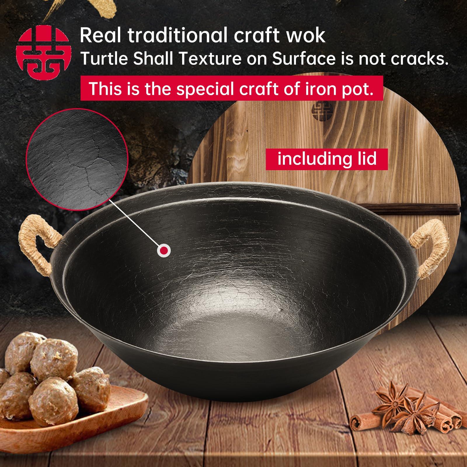 WANGYUANJI Handmade Cast Iron Wok 14.2" Large Woks Stir-Fry Pans with Dual Handle,Suitable for All Cooktops,Uncoated Chinese Traditional wok with Free Dishcloth and Brush - CookCave