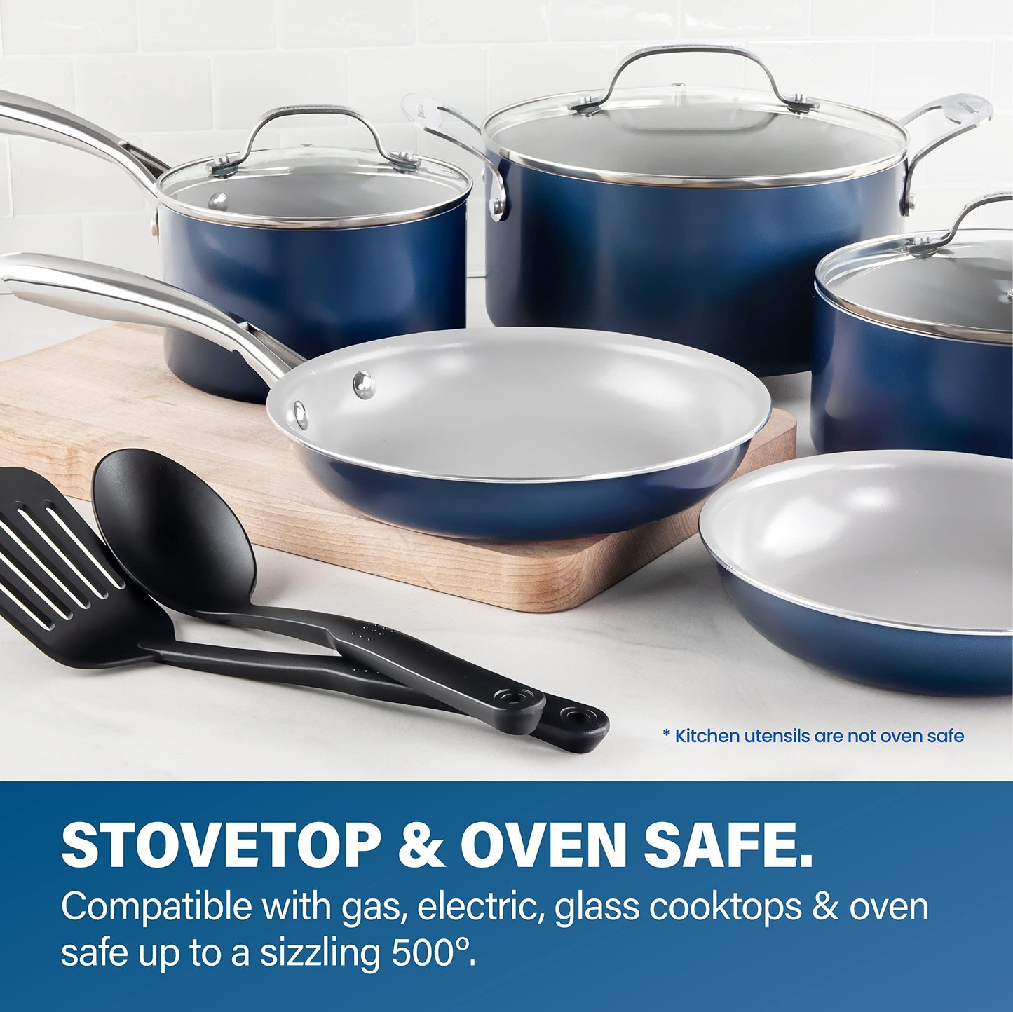 Granitestone Blue 10 Piece Nonstick Cookware Set - Pots, Pans, and Kitchen Sets - Ceramic, Dishwasher Safe - CookCave