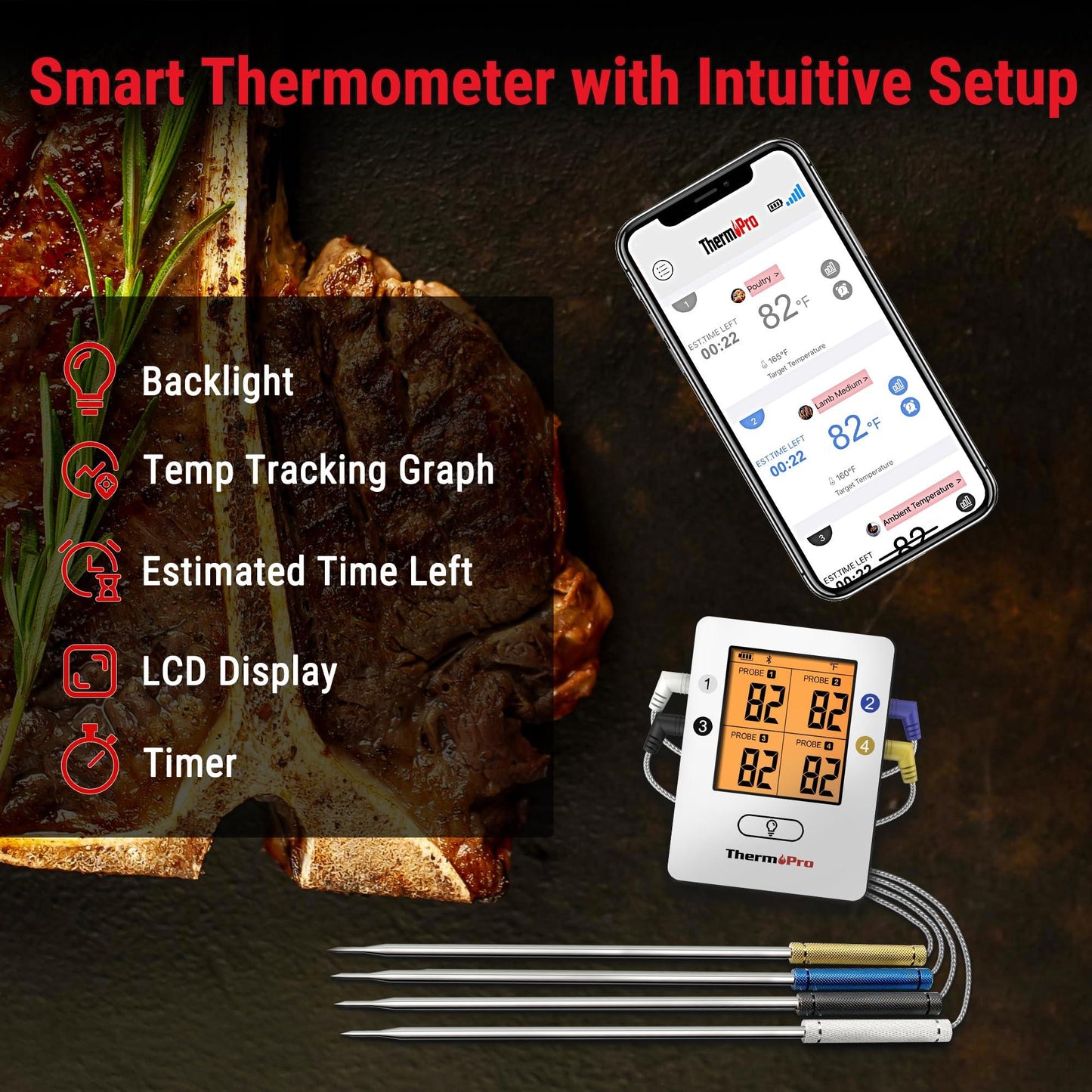 ThermoPro TP25 500ft Wireless Bluetooth Meat LCD Thermometer with 4 Temperature Probes Smart Digital Cooking BBQ Thermometer for Grilling Oven Food Smoker Thermometer, Rechargeable - CookCave