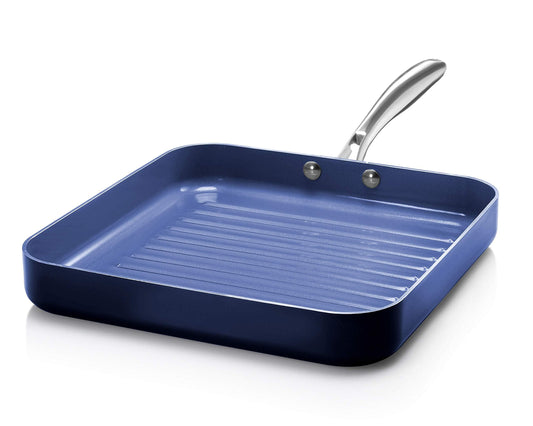 GRANITESTONE Blue Nonstick 10.5” Grilling Pan, Diamond Infused, Metal Utensil Sear Ridges for Grease Draining, Stay Cool Stainless-Steel Handle Oven & Dishwasher Safe, 100% PFOA Free… - CookCave