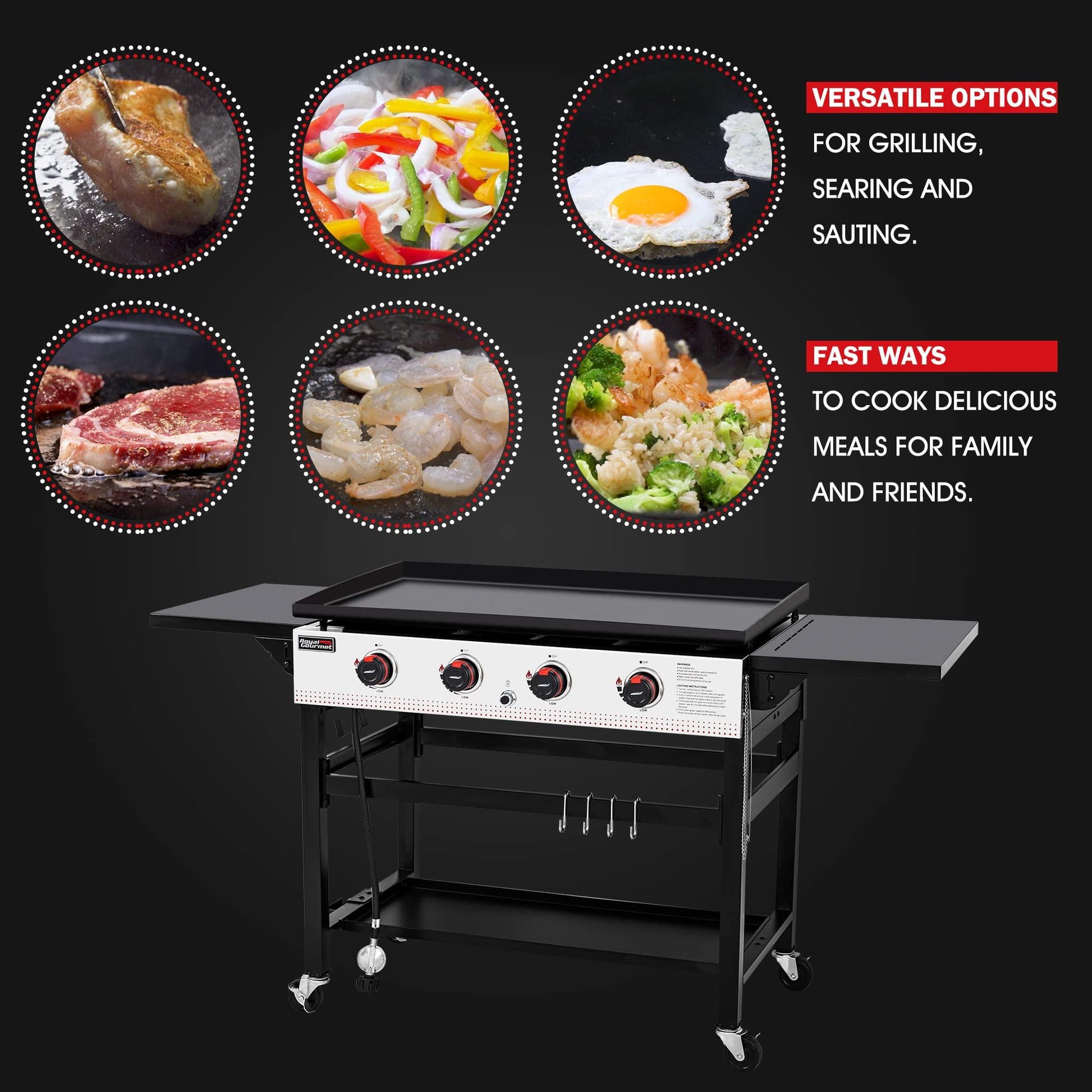 Royal Gourmet GB4002 4-Burner Flat Top Gas Grill, 36-Inch Propane Griddle Restaurant Grade Professional Barbecue Teppanyaki Cooking, For Outdoor Events, Camping and BBQ, Black - CookCave