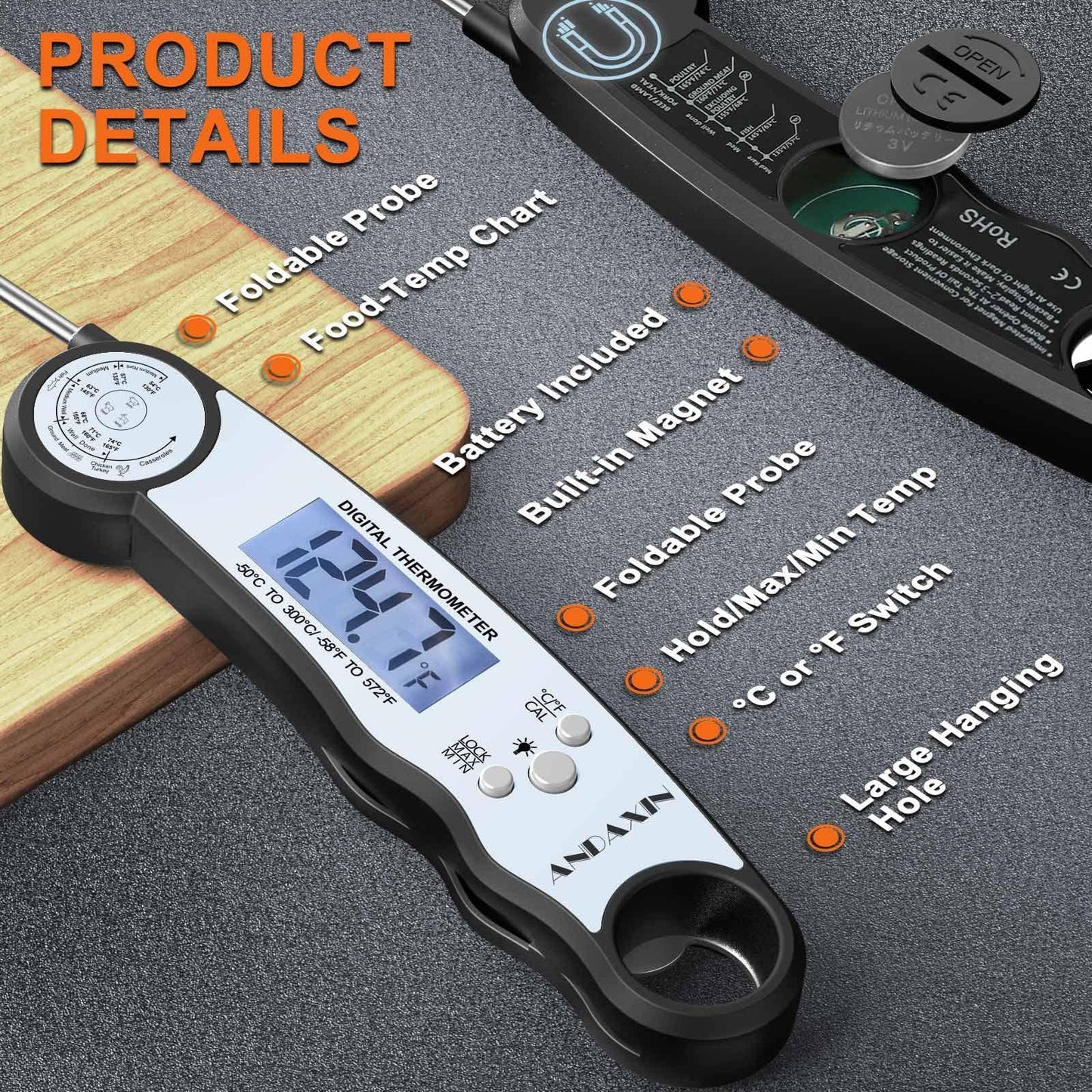 Digital Instant Read Meat Thermometer Digital for Grilling and Cooking - ANDAXIN Waterproof Ultra-Fast Thermometer with Backlight&Calibration&Foldable Probe for Kitchen,Deep Fry,BBQ,Grill-Black/White - CookCave