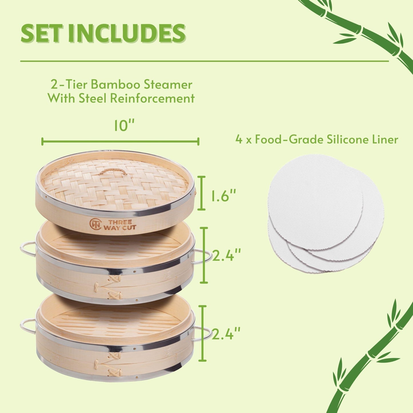 Dumpling Bamboo Steamer 10 Inch 2 Tier Wooden Basket With Handle, Reusable Silicone Liner, Kit For Cooking Baby Bao Bun, Dim Sum, Rice Potsticker Steaming Chinese Asian Food & Vegetables - CookCave