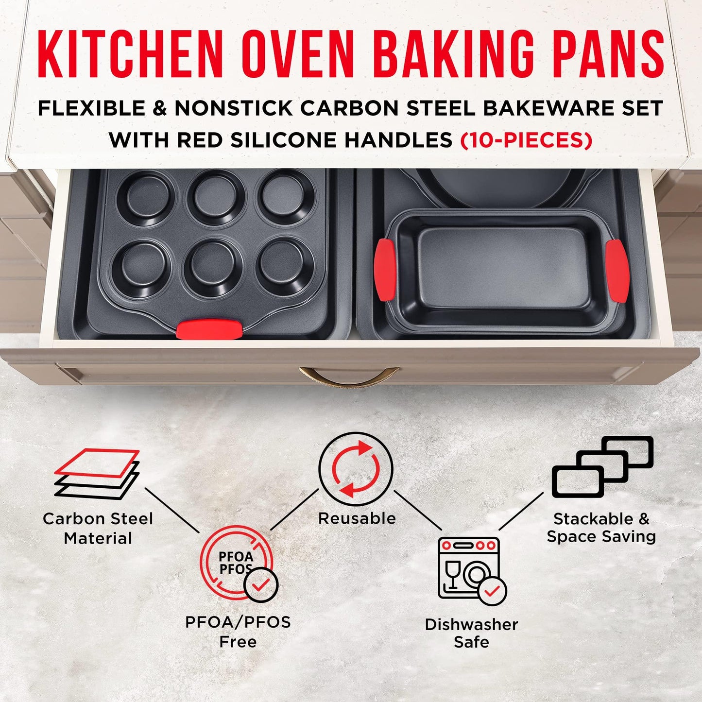 Baking Set – 10 Piece Kitchen Oven Bakeware Set – Deluxe Non-Stick Blue Coating Inside and Outside – Carbon Steel – Red Silicone Handles – PFOA PFOS and PTFE Free by Bakken,Black - CookCave