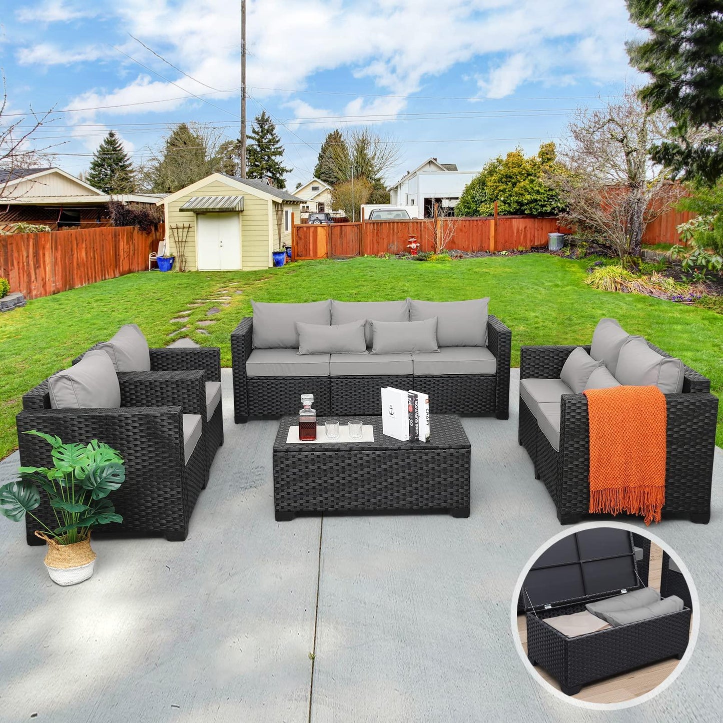 Rattaner 5-Piece Patio Furniture Sofa Set Outdoor Wicker Sectional Couch with Storage Table No-Slip Cushions Furniture Covers, Grey - CookCave