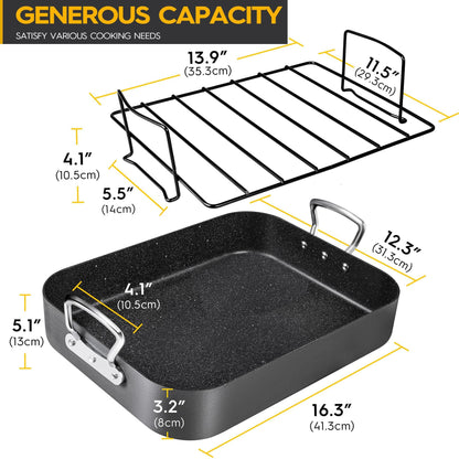 MICHELANGELO Roasting Pan with Rack, Hard Anodized Turkey Roaster Pan, Large Turkey Roasting Pan for Oven, Nonstick Rectangular Roaster Pan with Rack, 16 Inch x 12 Inch - CookCave