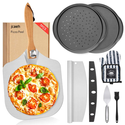 7PCS Foldable Pizza Peel Pizza Pan Set,12" x 14" Aluminum Metal Pizza Paddle with Wooden Handle, Rocker Cutter, Server Set, Baking Oven Mitts, Oil Brushes, Homemade Pizza Oven Accessories - CookCave