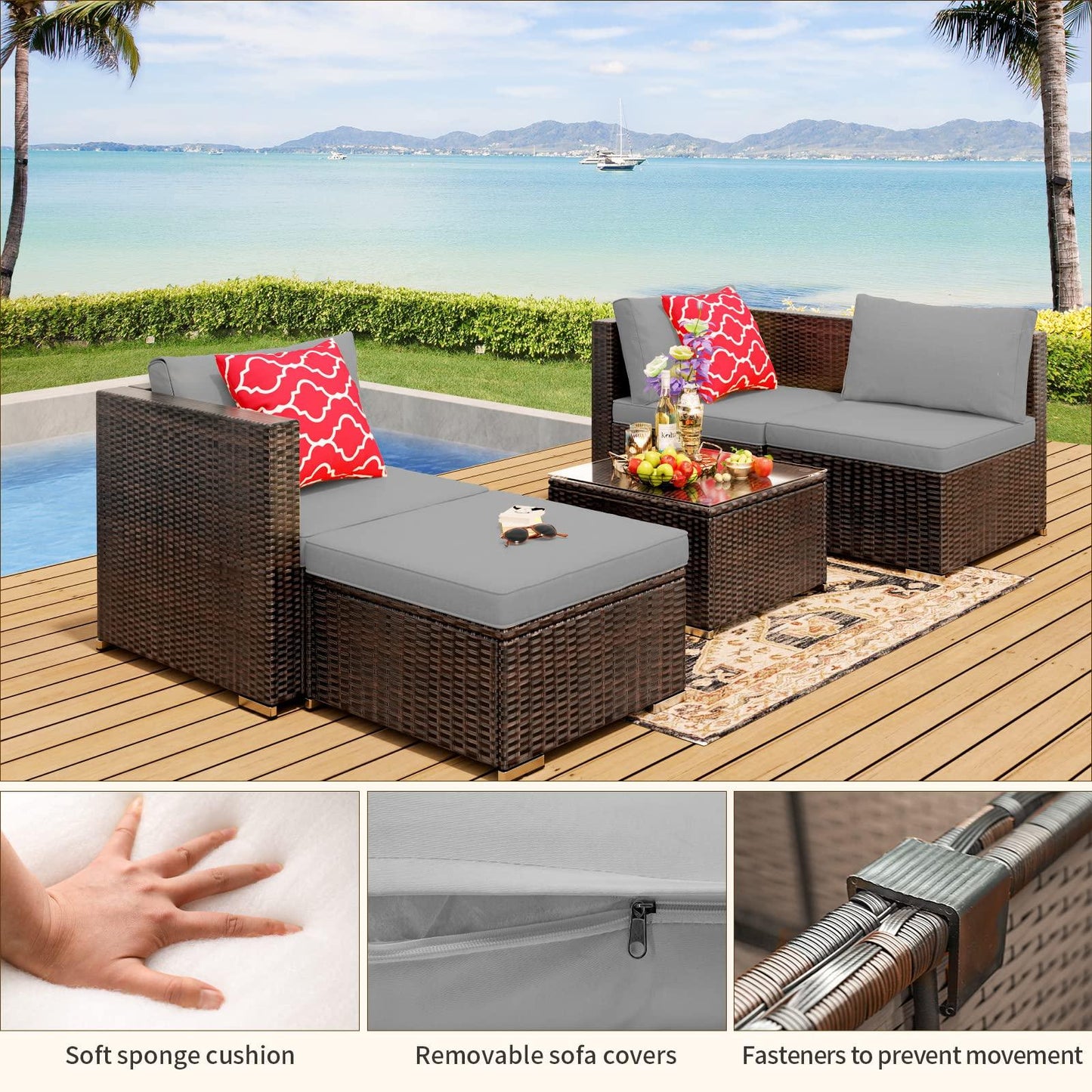 Qsun Outdoor Patio Sofa Set PE Wicker Rattan Sectional Conversation Sofa with a Glass Coffee Table for Backyard Porch Poolside Patio(Brown Rattan, Grey Cushion) - CookCave