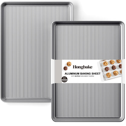 HONGBAKE 2-Pack Natural Aluminum Commercial Half Baking Sheet Pan, Non-Stick Cookie Sheets for Baking with 50 PCS Parchment Paper, 12.8 x 17.7 in, Silver - CookCave