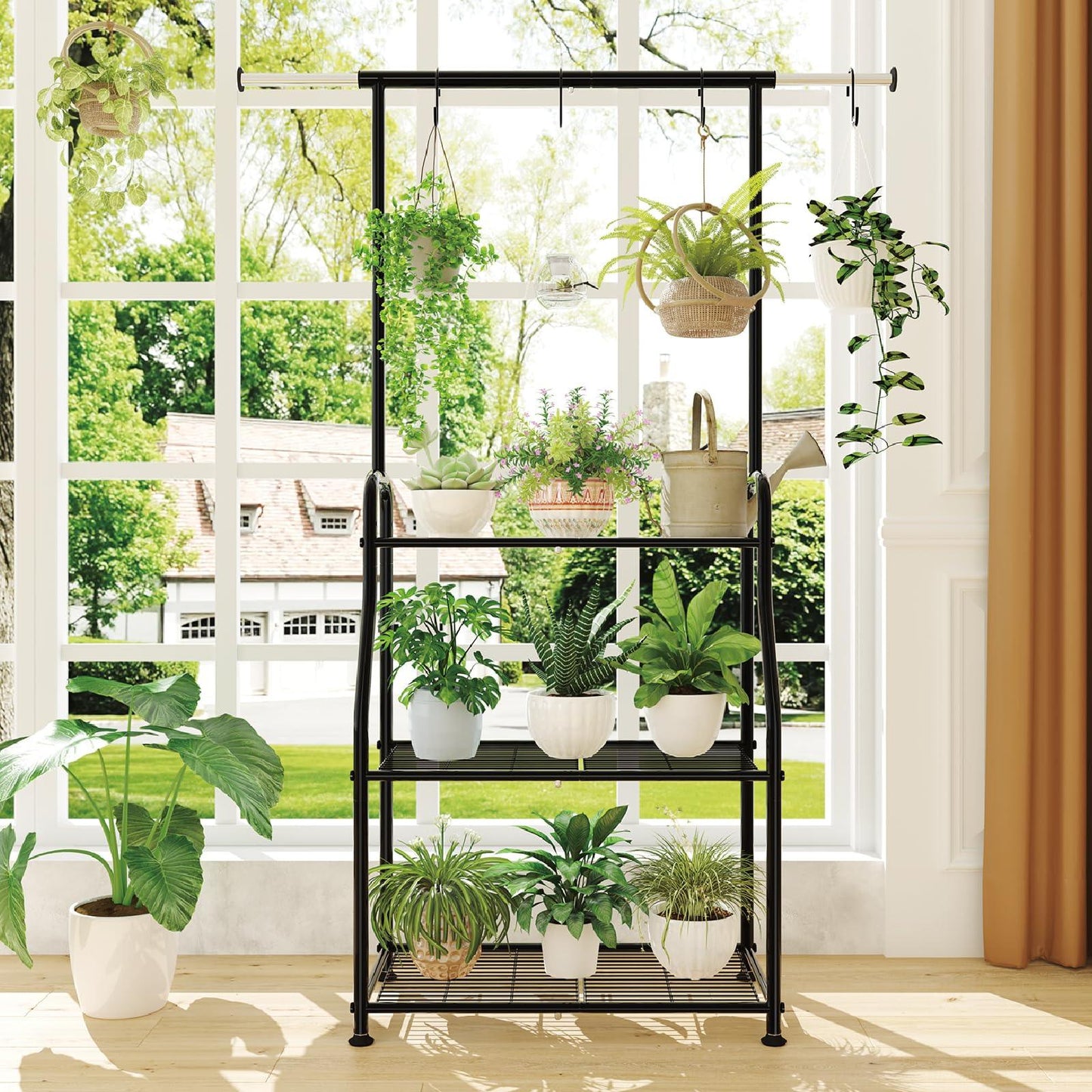 Simple Trending Plant Stand Indoor Outdoor, Heavy Duty Metal 3 Tiered Hanging Plant Shelf for Multiple Flower Planter Holder Tall Large Rack for Living Room Garden Balcony, Black - CookCave