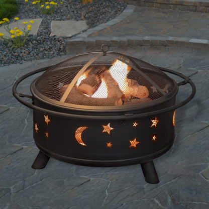 Fire Pit Set, Wood Burning Pit - Includes Screen, Cover and Log Poker- Great for Outdoor and Patio, 30 inch Round Star and Moon Firepit by Pure Garden - CookCave