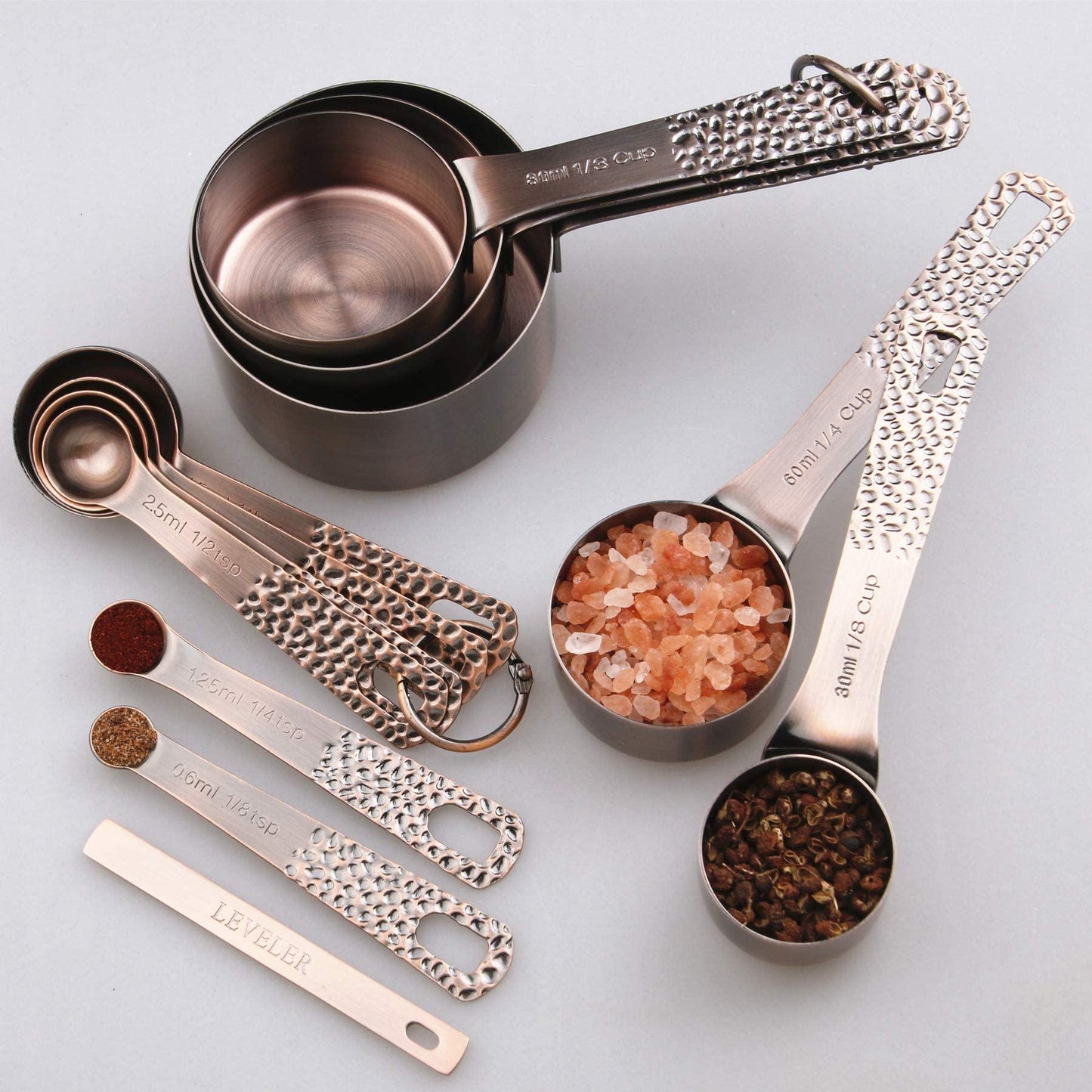 Measuring Cups and Spoons, Copper Measuring Cups and Spoons set, Stainless Steel Copper Plated 14 Piece Set of 5 Copper Measuring Cups and 6 Copper Measuring Spoons,1Leveler and 2Rings, Kitchen Tool - CookCave