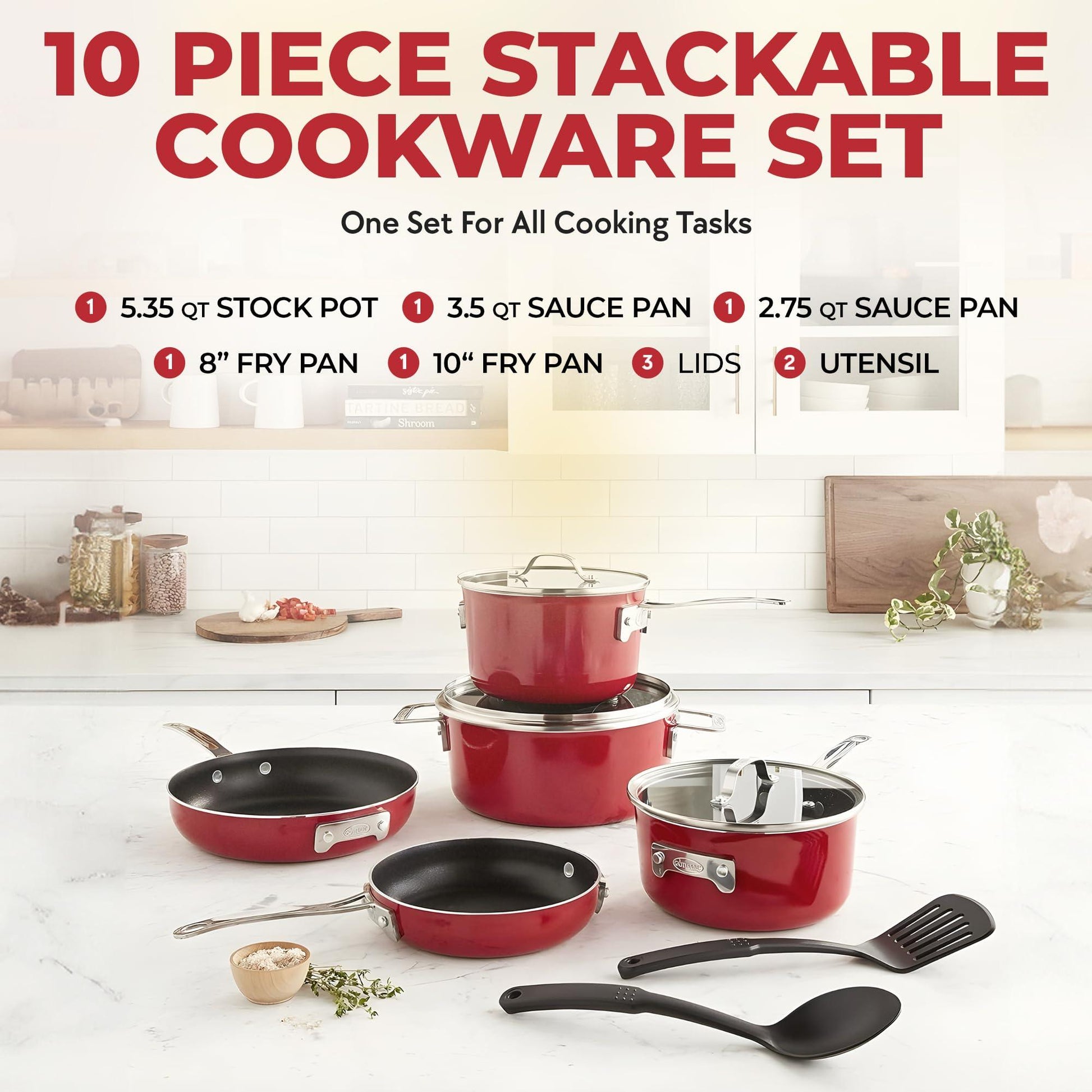 Gotham Steel STACKMASTER Pots Stackable 10 Piece Cookware Set Ultra Nonstick Cast Texture Coating Includes Fry Pans, Red - CookCave