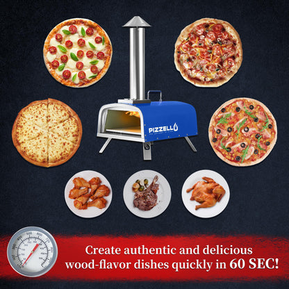 PIZZELLO Portable Pellet Pizza Oven Outdoor Wood Fired Pizza Ovens Included Pizza Stone, Pizza Peel, Fold-up Legs, Cover, Pizzello Forte (Blue) - CookCave