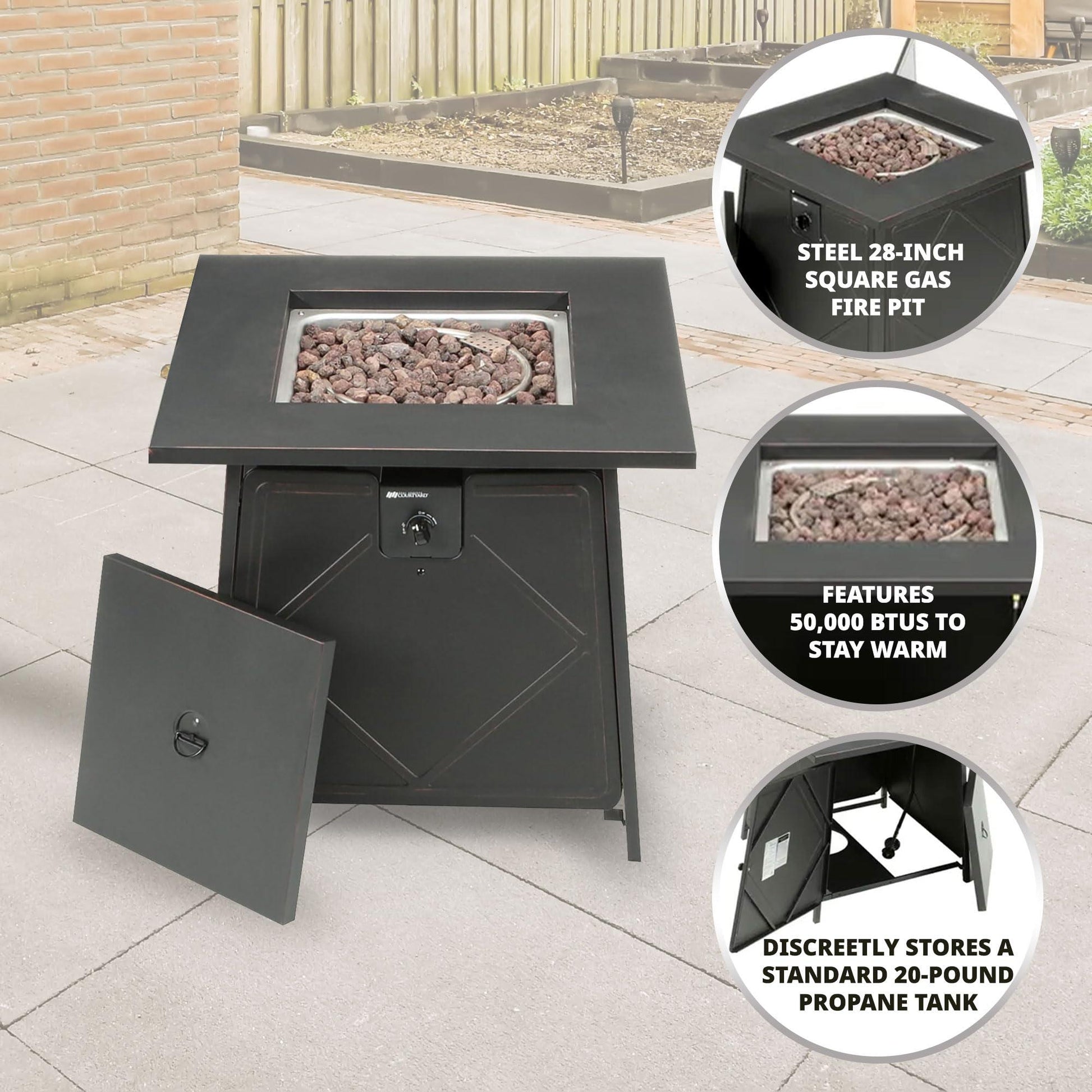 Four Seasons Courtyard Dual Heat 28 Inch Steel Square Gas Outdoor Backyard Tabletop Fire Pit with Lava Rocks and Steel Cover Lid, Black - CookCave