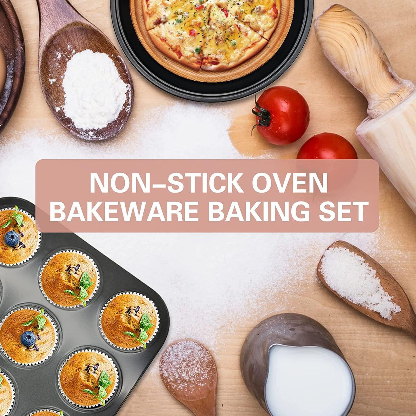 PINVNBY Baking Pans Set,Nonstick Bakeware Set with Baking Sheet, Muffin Pan, Round Cake Pan, Pizza Pan, Kitchen Oven Pan Baking Sheet Set, Complete Carbon Steel Bakeware Set (5 Pieces) - CookCave