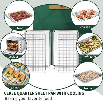 Quarter Sheet Pan with Cooling Rack Set [2 Baking Sheets + 2 Baking Racks], CEKEE Stainless Steel Cookie Sheets for Baking and Wire Rack - Rust & Warp Resistant & Nonstick, Size 12 x 9.8 x 1 Inch - CookCave