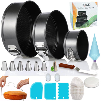 RFAQK 100PCs Cake Pan Sets for Baking + Cake Decorating Kit: 3 Non-Stick Springform Pans Set (4, 7, 9 inches), Piping Tips, Cake Leveler – Multi-functional Leak-Proof CheeseCake Pan & eBook - CookCave