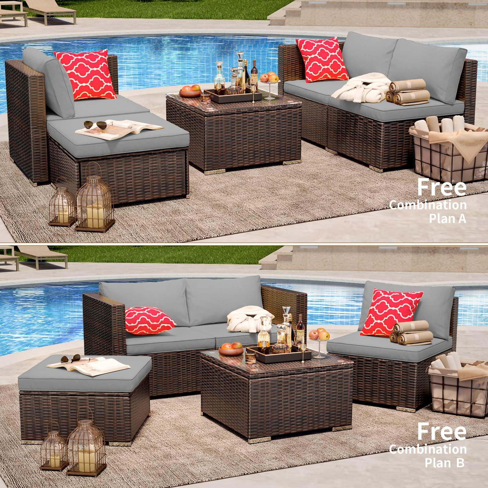 Qsun Outdoor Patio Sofa Set PE Wicker Rattan Sectional Conversation Sofa with a Glass Coffee Table for Backyard Porch Poolside Patio(Brown Rattan, Grey Cushion) - CookCave