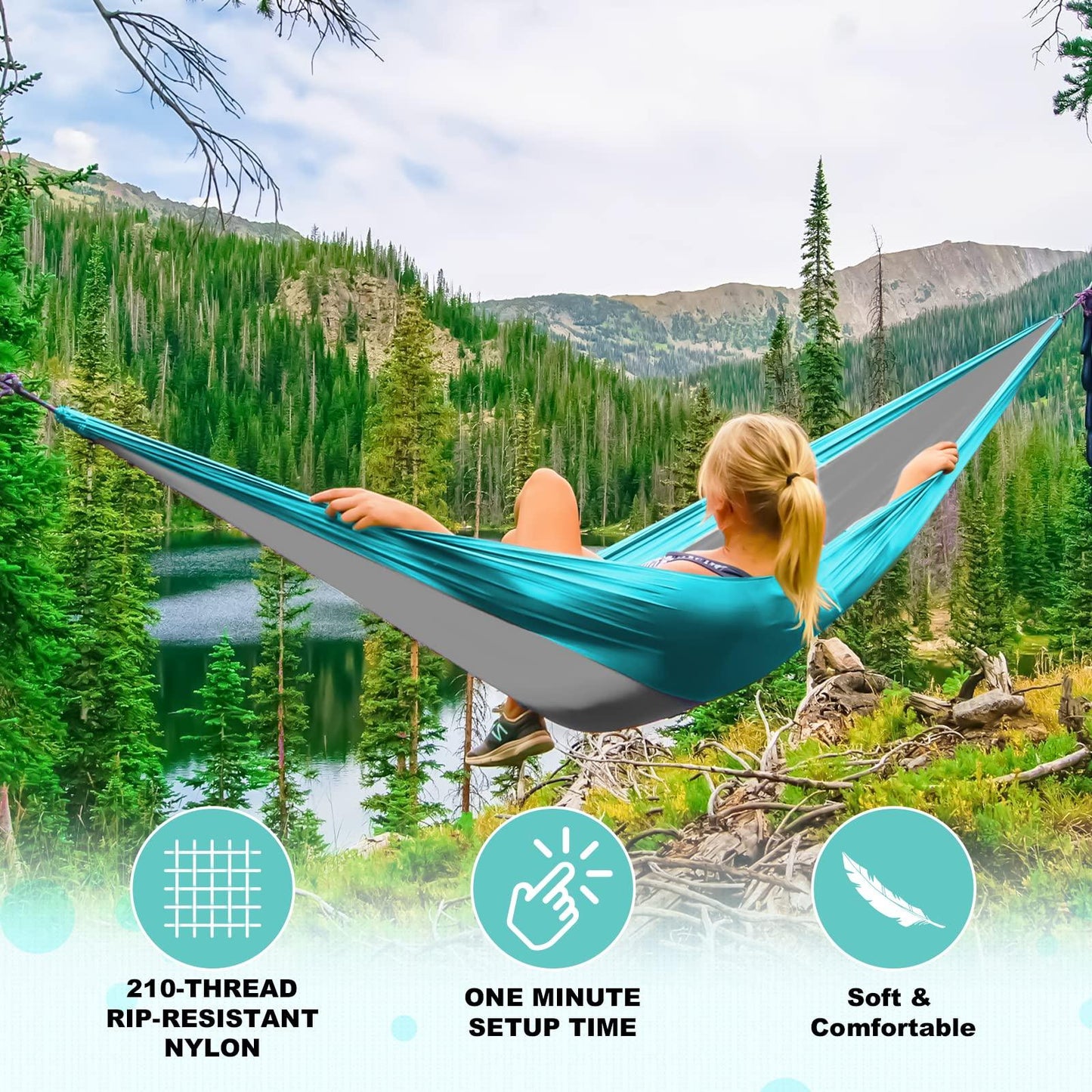 SZHLUX Camping Hammock Double & Single Portable Hammocks with 2 Tree Straps and Attached Carry Bag,Great for Outdoor,Indoor,Beach,Camping,Light Grey / Sky Blue - CookCave