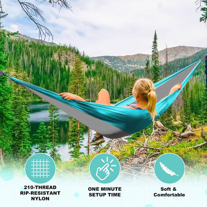SZHLUX Camping Hammock Double & Single Portable Hammocks with 2 Tree Straps and Attached Carry Bag,Great for Outdoor,Indoor,Beach,Camping,Light Grey / Sky Blue - CookCave