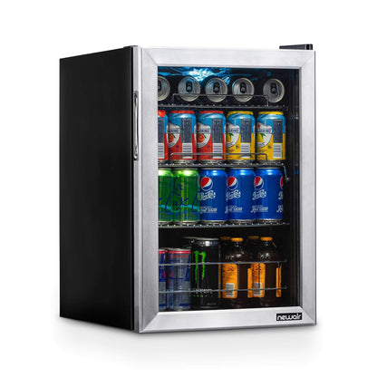 NewAir Beverage Refrigerator Cooler with 90 Can Capacity - Mini Bar Beer Fridge with Right Hinge Glass Door - Cools to 37F - Stainless Steel - CookCave