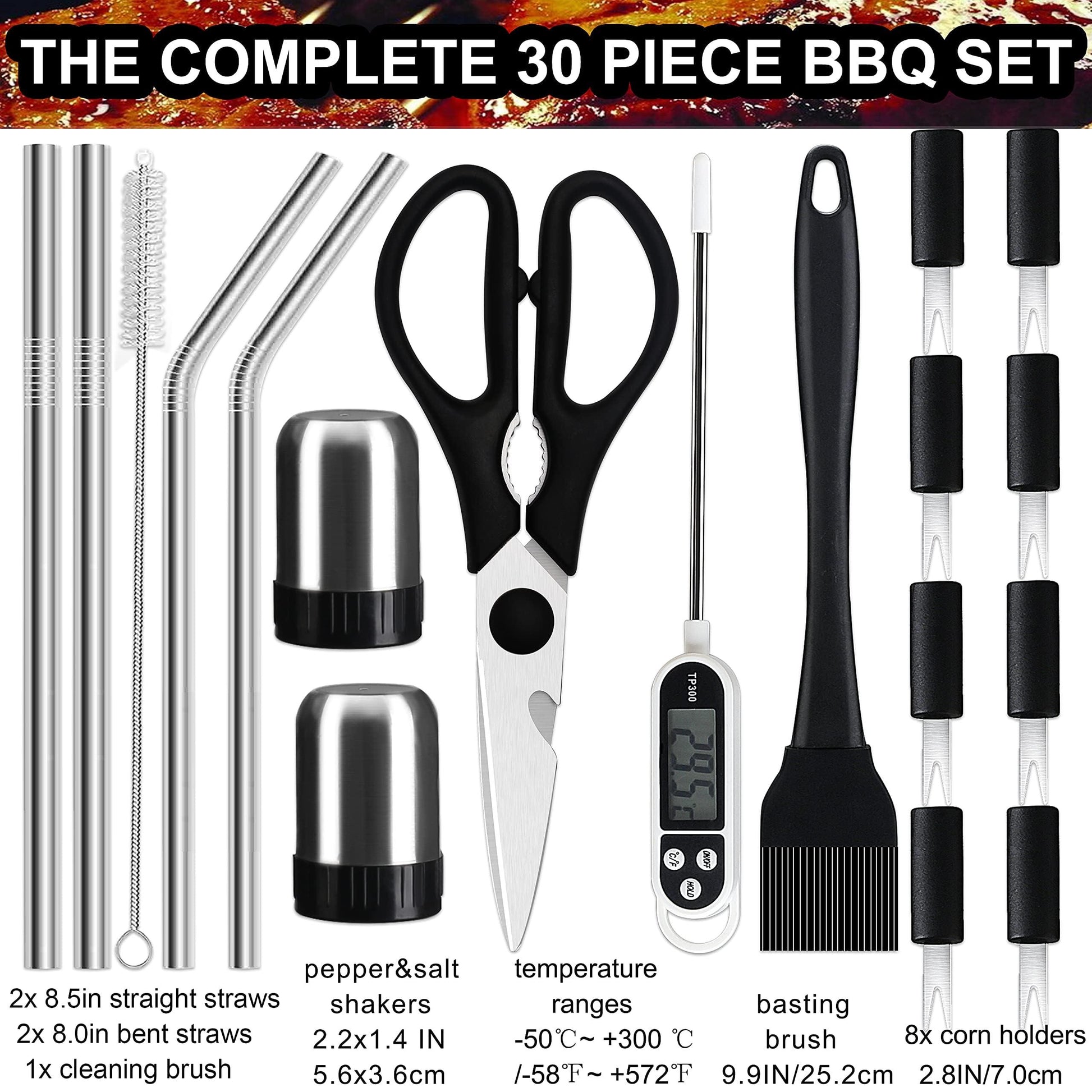 Grilljoy 31PC BBQ Grill Accessories Set, Heavy Duty BBQ Tools Set for Men & Women Gift, Grill Utensils kit with Scissors, Grilling Accessories with Storage Bag for Smoker, Camping Barbecue - CookCave