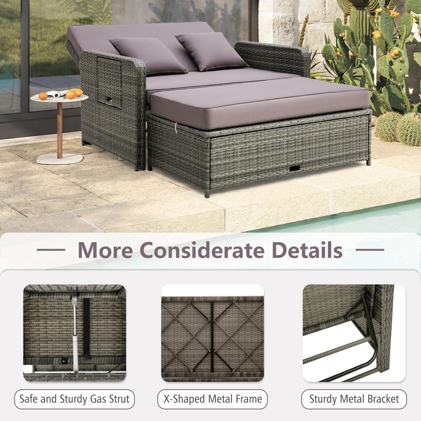 Tangkula Patio Rattan Daybed Set, Wicker Loveseat Sofa w/Multipurpose Ottoman & Retractable Side Tray, 4-Level Adjustable Backrest, Footstool w/Storage, Seat & Back Cushion Included (Gray) - CookCave