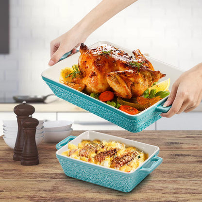 Hacaroa Set of 3 Ceramic Baking Dishes, Rectangular Bakeware with Handles, Elegant Casserole Dish Set Lasagna Pan for Baking, Cooking, Cake Dinner, Banquet, Lake Blue, 3 Sizes - CookCave