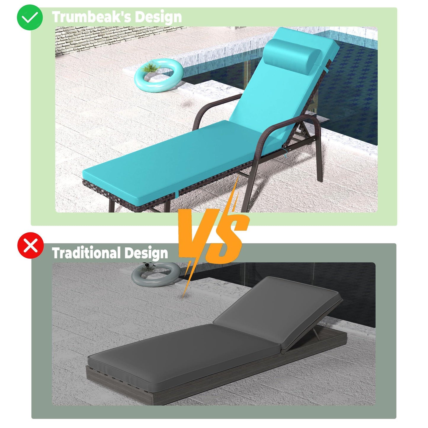 Trumbeak Lounge Chair 3 Pieces Chaise Lounge Chairs Set,Outdoor Folding Lounge Chairs with Rattan Adjustable Backrest Armrest and Folding Table for Beach Patio,GreenBlue - CookCave