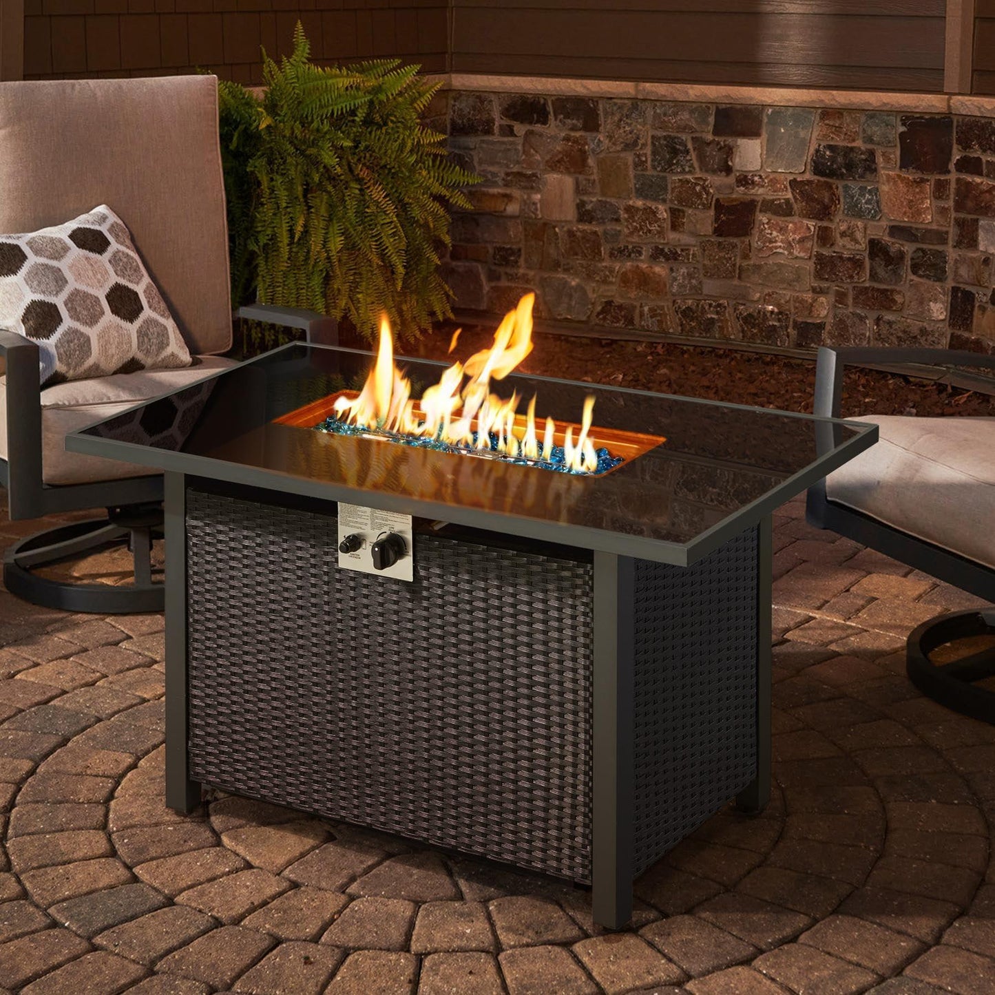 Yaheetech 43 in Outdoor Propane Fire Pit 50,000 BTU Gas Fire Pit Table with Glass Tabletop, Rattan Wicker Base and Waterproof Cover, Rectangle Gas Firepit Table for Garden/Patio, CSA Certification - CookCave