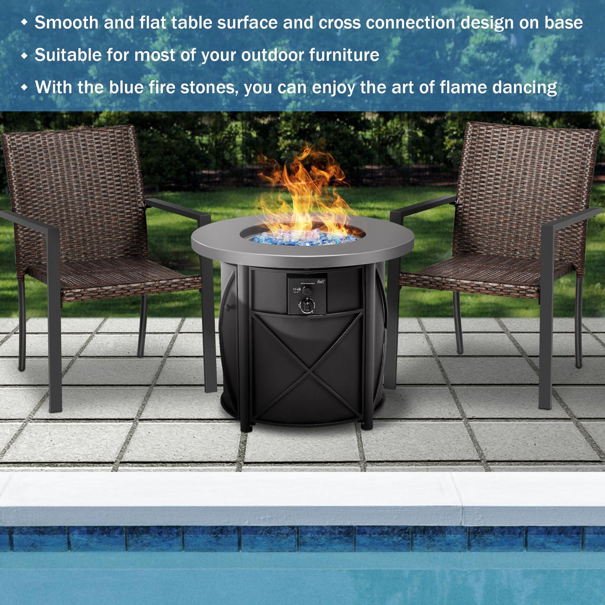 BALI OUTDOORS 30 Inch Round Gas Fire Pit Table, 50,000 BTU Propane Fire Pit Column with Blue Fire Glass Stone for Outside Patio and Garden - CookCave