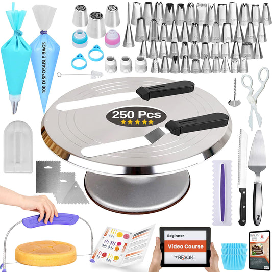 RFAQK 250 PCs Aluminum Cake Decorating Tools Kit with 12" Metal Turntable & Knife set-48 Numbered Icing Tips-3 Russian Piping Nozzles-Straight & Angled Spatula-Cake Leveler& Baking Supplies Tools - CookCave