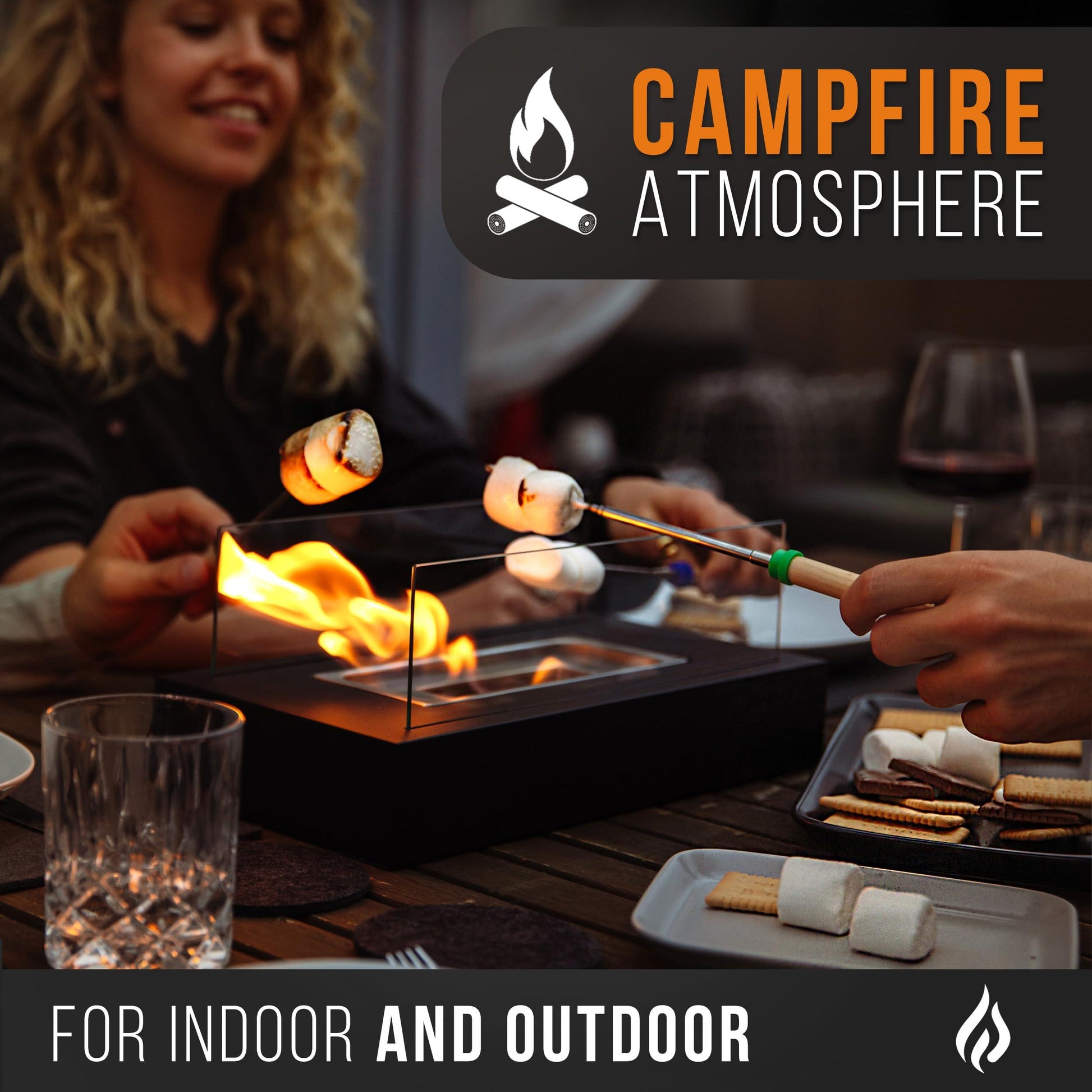 Flammtal Ethanol Tabletop Fire Pit - 3h Burn Time, Portable Indoor & Outdoor S'mores Maker with 4 Roasting Sticks and Adjustable Flames - CookCave