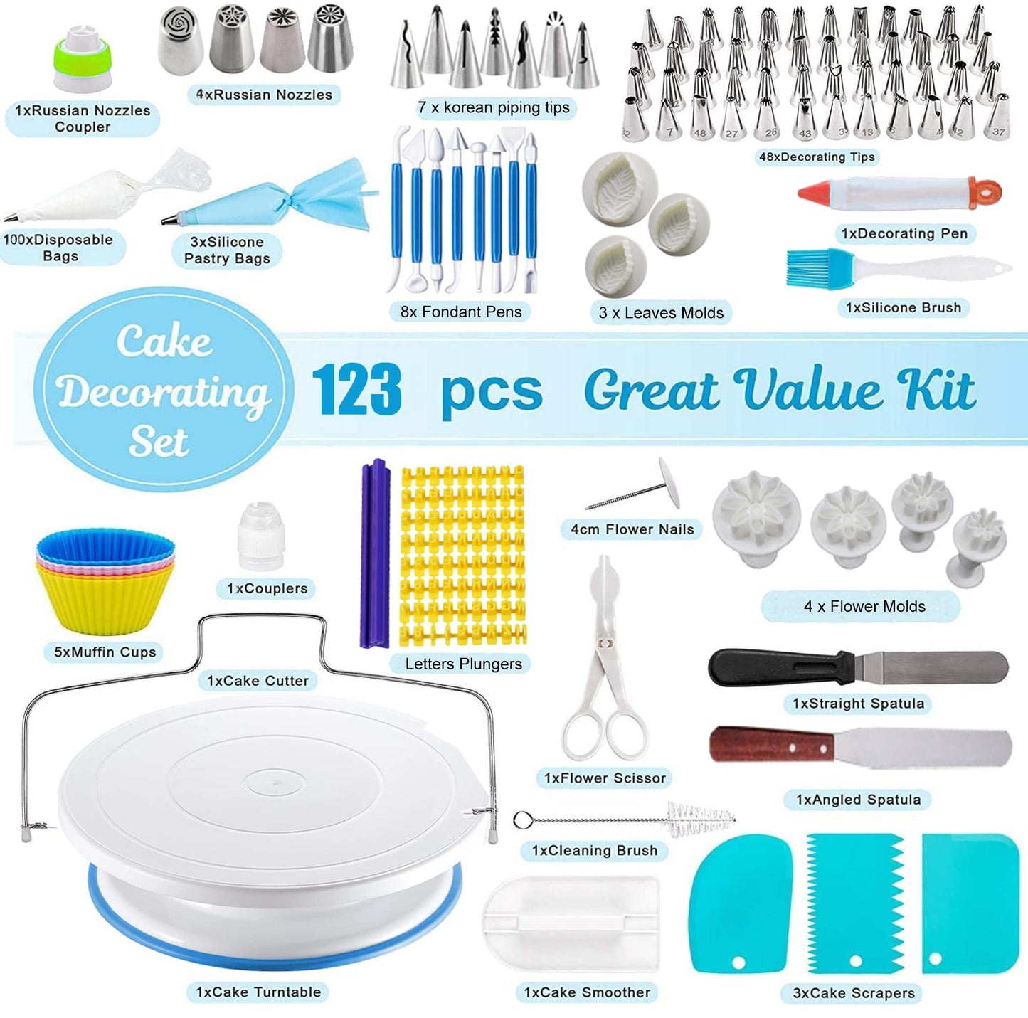 123Pcs Cake Decorating Supplies Kit - Cake Turntable Set with 59 Icing Piping Tips, 25 Disposable Pastry Bags, 2 Couplers, Baking Tools for Beginners, Cupcake Decorating Kit - CookCave