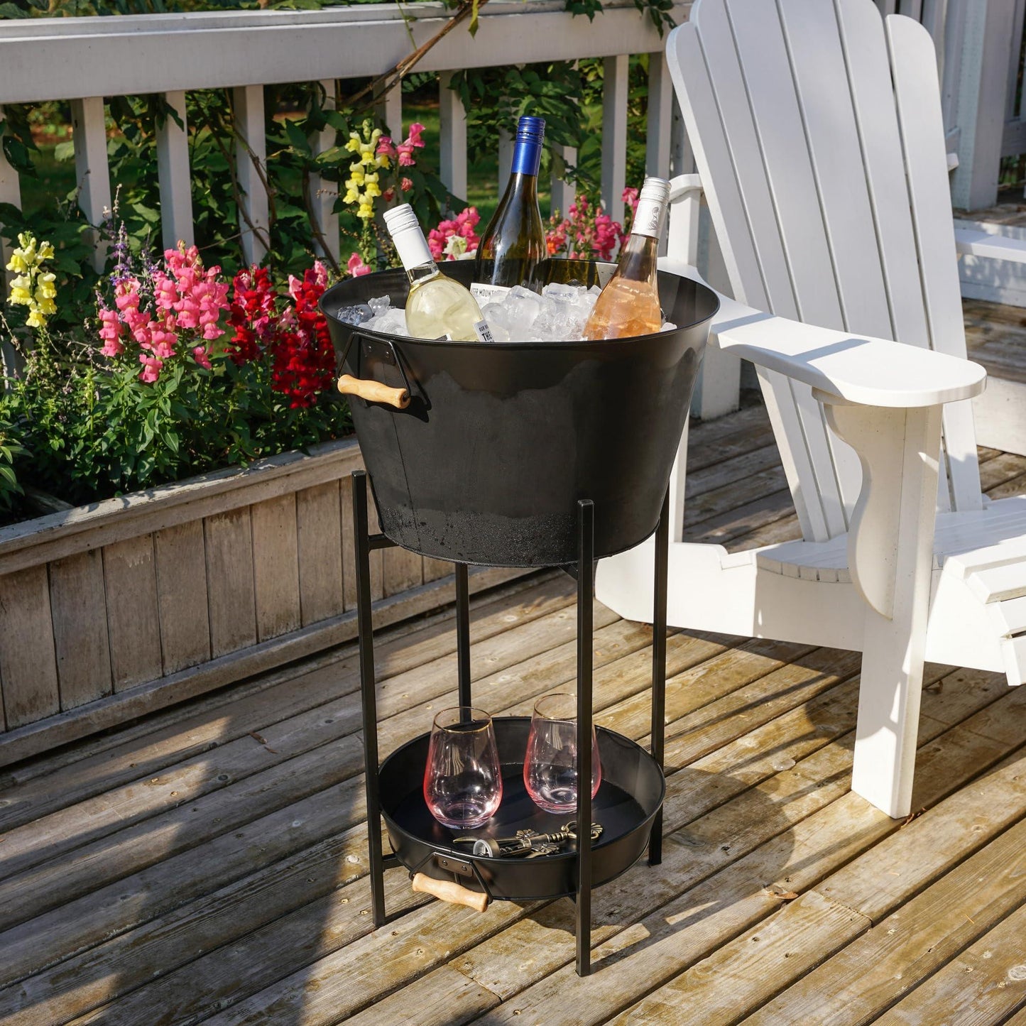 Twine Black Beverage Tub with Stand, Galvanized Metal Bucket and Tray, Acacia Wood Handles, Set of 3 - CookCave