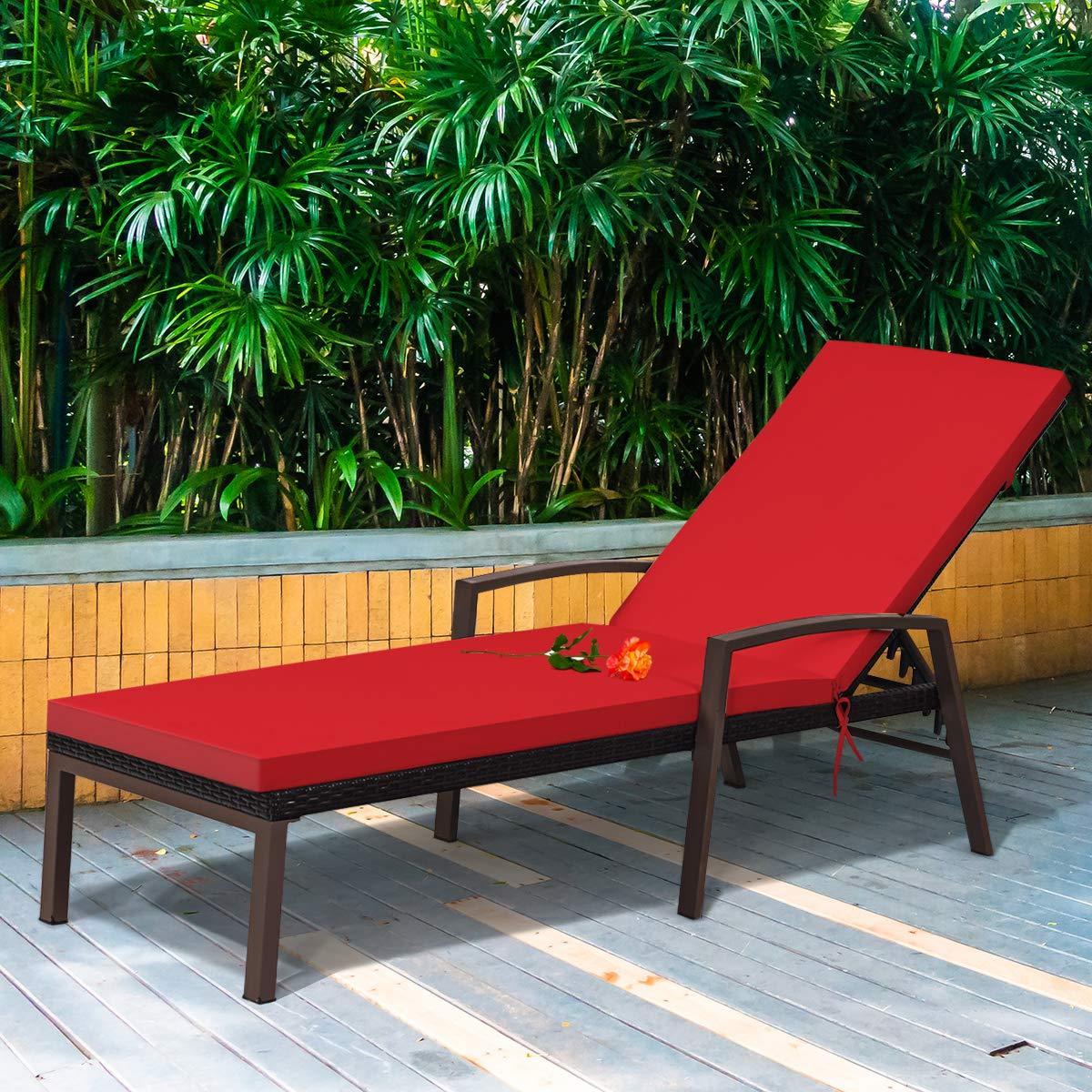 Tangkula Patio Rattan Lounge Chair, Outdoor Reclining Chaise with Cushion and Armrest, Wicker Sun Lounger with Adjustable Backrest for Garden, Balcony, Poolside (1, Red) - CookCave