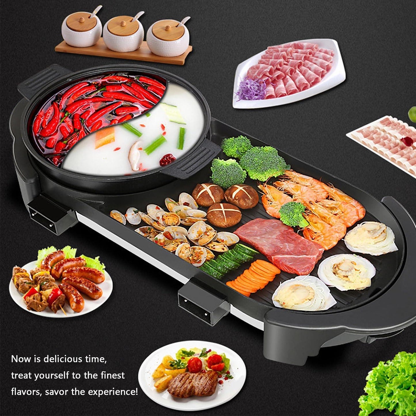 Hot Pot with Grill, Electric Hot Pot 2 in 1 Shabu Shabu Hot Pot Korean BBQ Grill, Removable Hotpot Pot 1200W / Large Capacity Baking Tray, Separate Temperature Control, Electric Grill for 2-12 People - CookCave